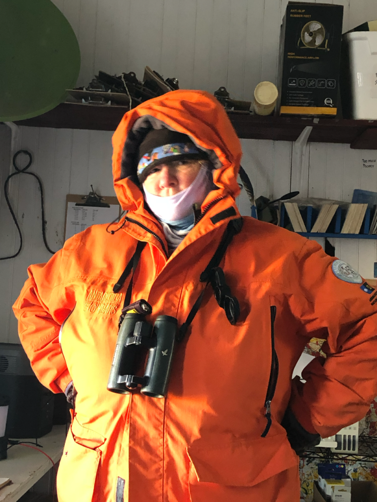 Great Gull Island - May 2025 - Joan Walsh dressed for tern watching in the blind Photo © Margaret Rubega