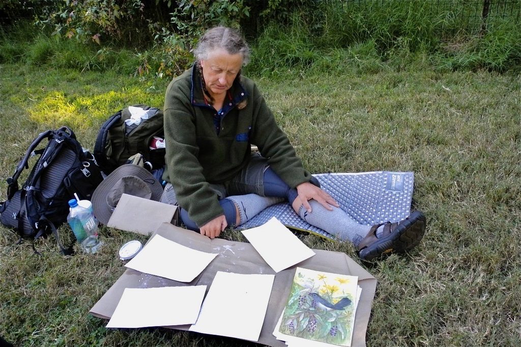 Lee sitting on the grass in Central Park, surrounded by her drawings