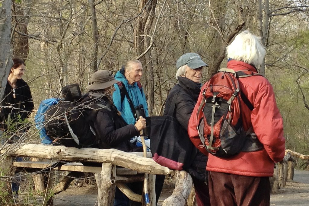Lee with a group of birders beside a rustic wooden fence in Central Park