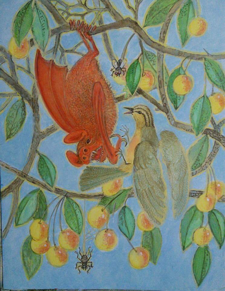 Lee Rogers' painting of a red bat startled by a Worm-eating Warbler in a crabapple tree