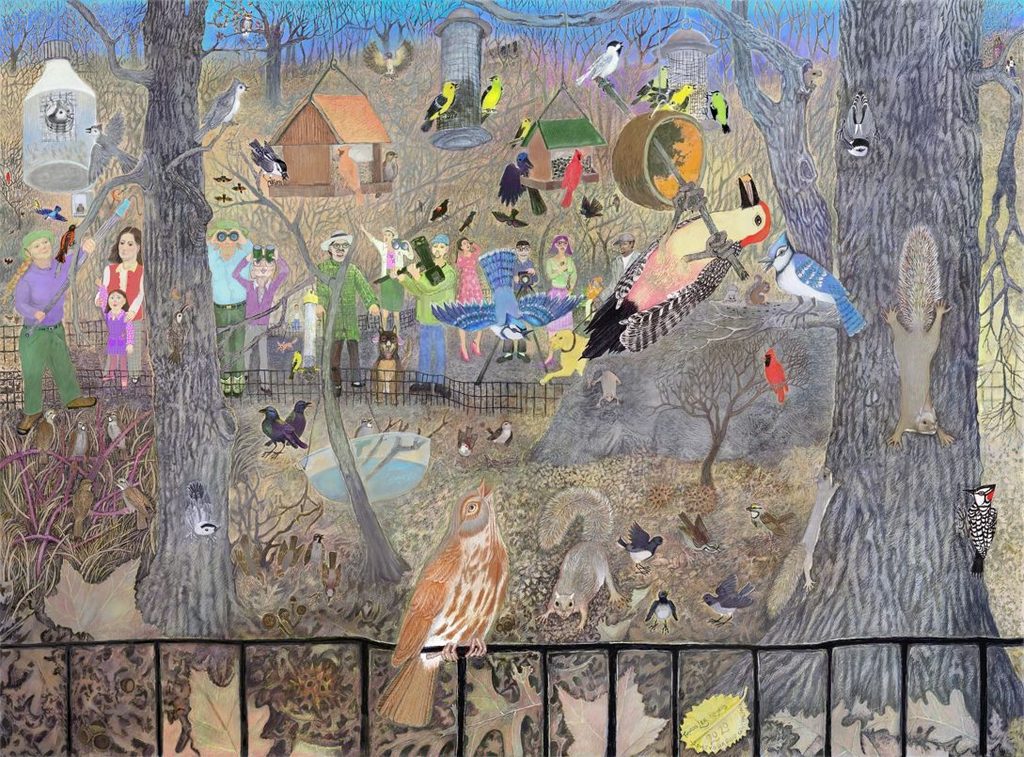 Lee Rogers' painting of the Central Park bird feeders, crowded with birds, squirrels, and visitors