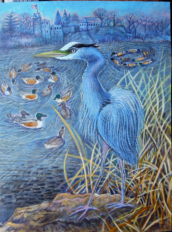 Lee Rogers' painting of a Great Blue Heron and Northern Shovelers at Turtle Pond