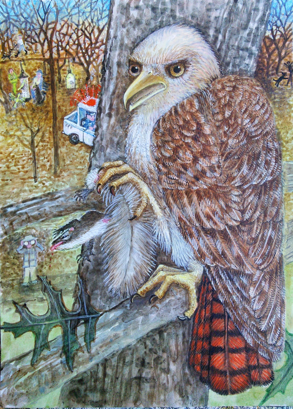 Lee Rogers' painting of Pale Male the Red-tailed Hawk catching a squirrel
