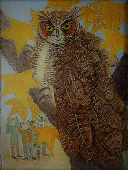 Lee Rogers' painting of a Great Horned Owl in a pin oak in the Ramble