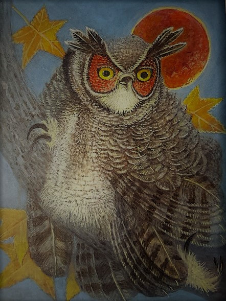 Lee Rogers' painting of a Great Horned Owl during a lunar eclipse