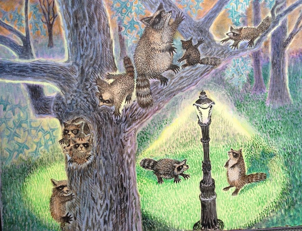 Lee Rogers' painting of a mother raccoon and her young climbing down a tree