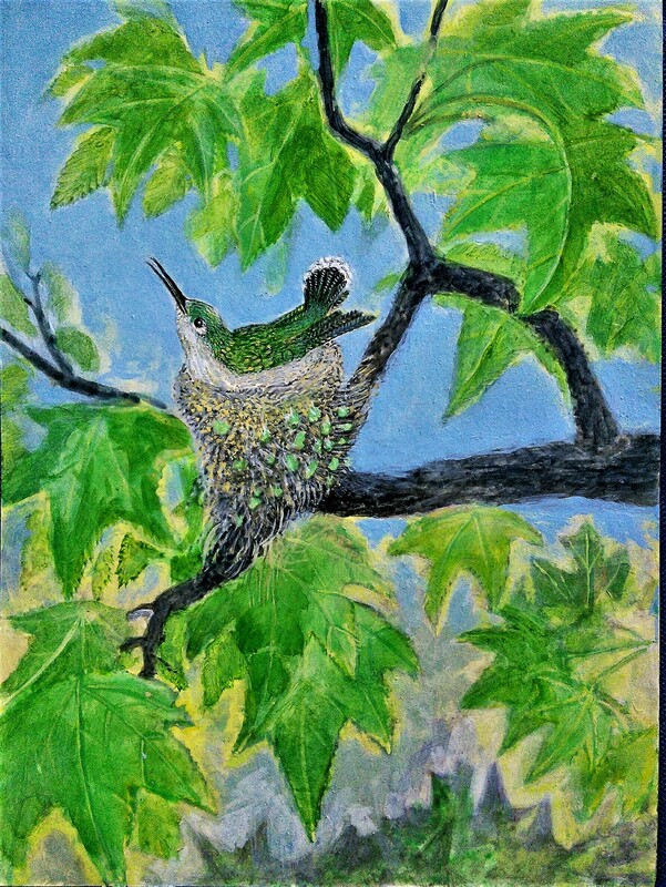Lee Rogers' painting of a hummingbird on its nest near Oak Bridge
