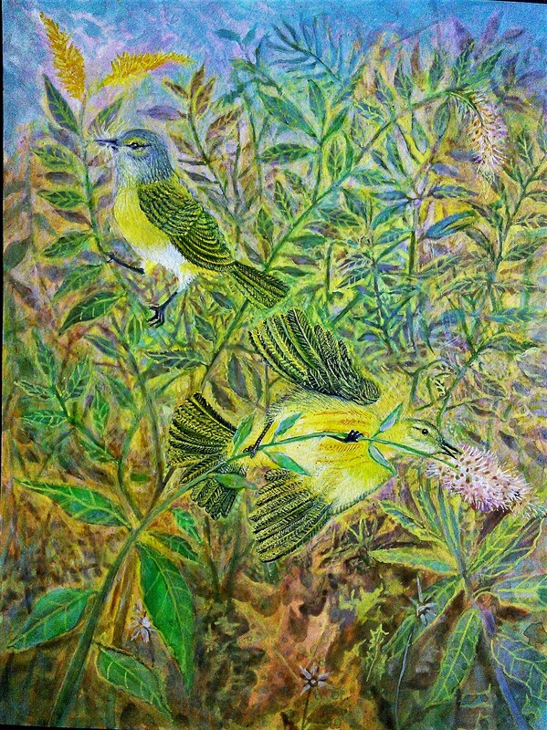Lee Rogers' painting of Orange-crowned Warblers in fall