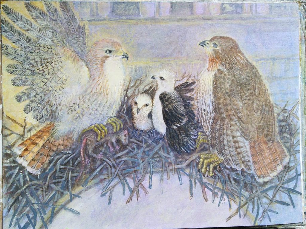 Lee Rogers' painting of Pale Male's family at dinner