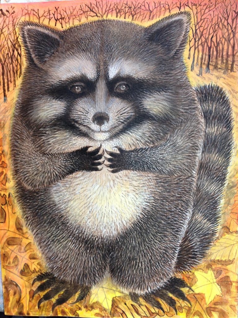 Lee Rogers' painting of a mother raccoon in the Ramble