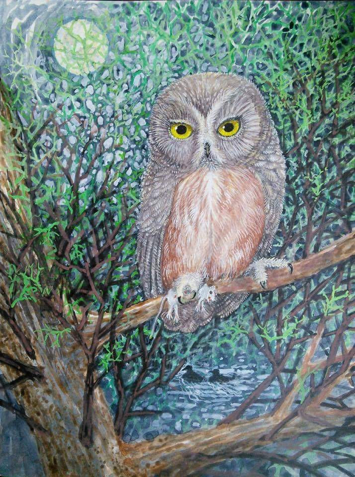 Lee Rogers' painting of a Northern Saw-whet Owl with a white-footed mouse