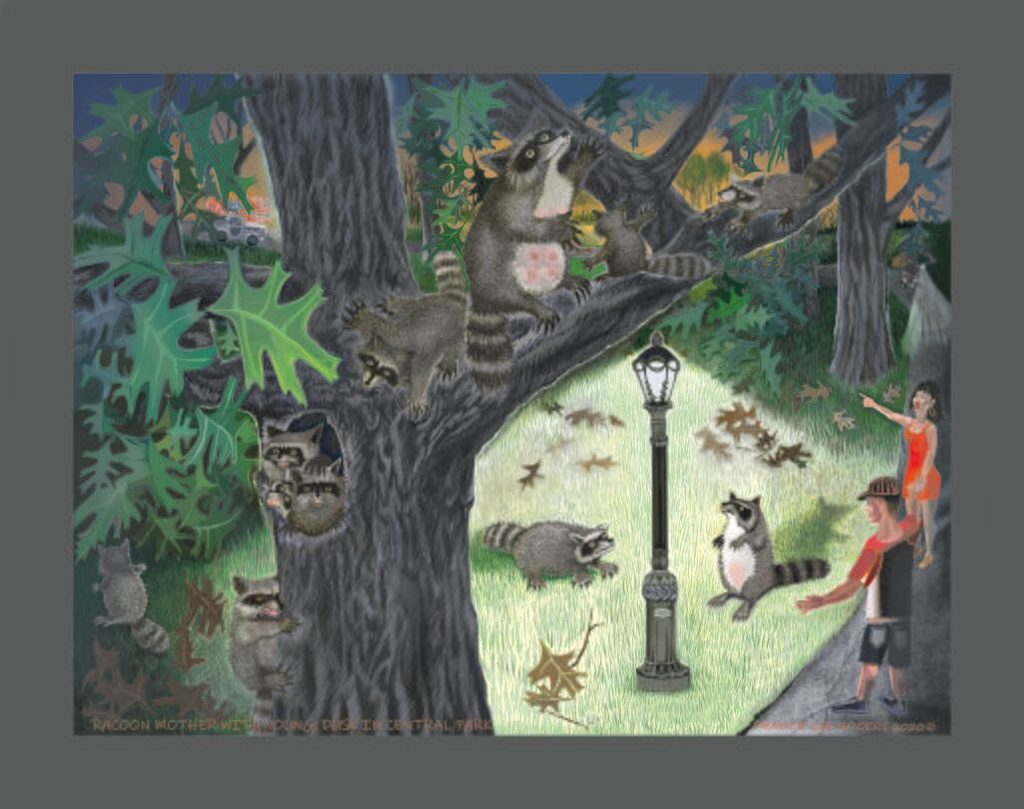 Lee Rogers' painting of a family of raccoons in a tree beside a lamppost as park visitors watch