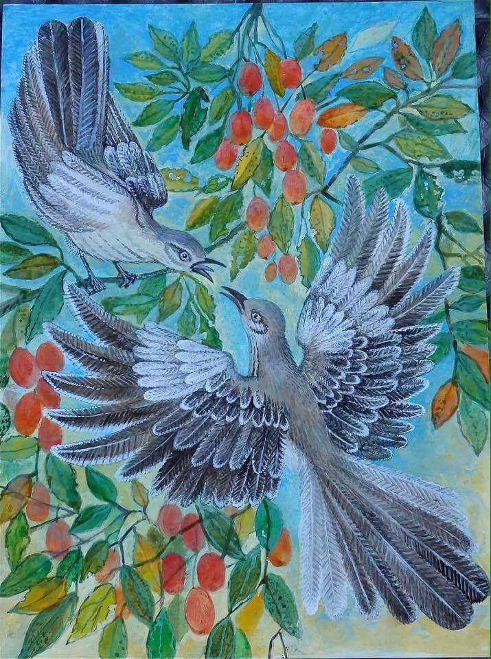 Lee Rogers' painting of two young Northern Mockingbirds in a sibling rivalry