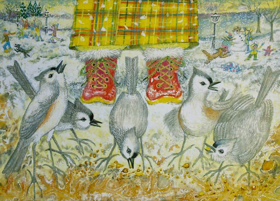 Lee Rogers' painting of Tufted Titmice in the snow