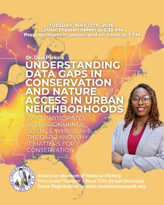 Linnaean Society General Meeting May 12th, 7 PM @ the AMNH⁠
⁠
Who collects nature data—and where are the gaps?⁠
⁠
Join us for a talk with Deja Perkins exploring how participatory science shapes what we know about conservation, and what we might be missing. ⁠
⁠
Using tools like eBird and iNaturalist, her work reveals how uneven participation across urban landscapes creates blind spots in environmental data, and why expanding access to nature is essential for a fuller picture.⁠
⁠
📍 In person + Zoom⁠
🕖 7:00 PM ET⁠
🎟️ Free and open to the public⁠
⁠
🔗 Details and registration on our website⁠
⁠
#LinnaeanSociety #LSNY #CitizenScience #UrbanEcology #BirdingNYC #ConservationScience #NatureData #StayCurious